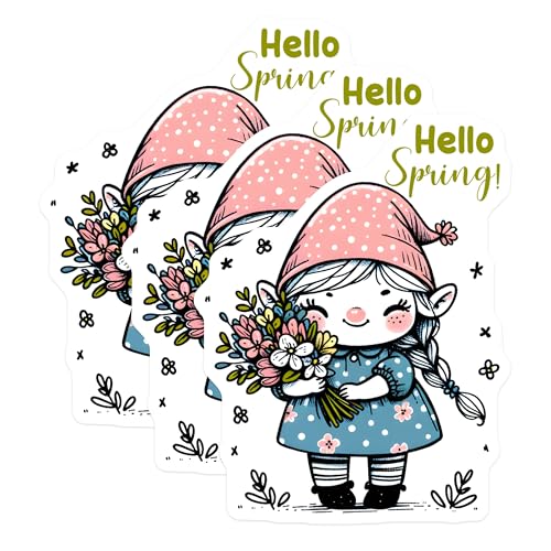 (3 Pack) Spring Gnome Decals - Laptop Decal - Hello Spring Stickers - 3 Inches On Longest Side - Easy Peel & Apply - Made in USA - 3MCS6763