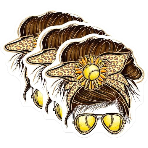 (3 Pack) Softball Mom Decals - Messy Bun - Leopard Print Sunglasses - 3 Inches On Longest Side - Easy Peel & Apply - Made in USA - 3MCS4958