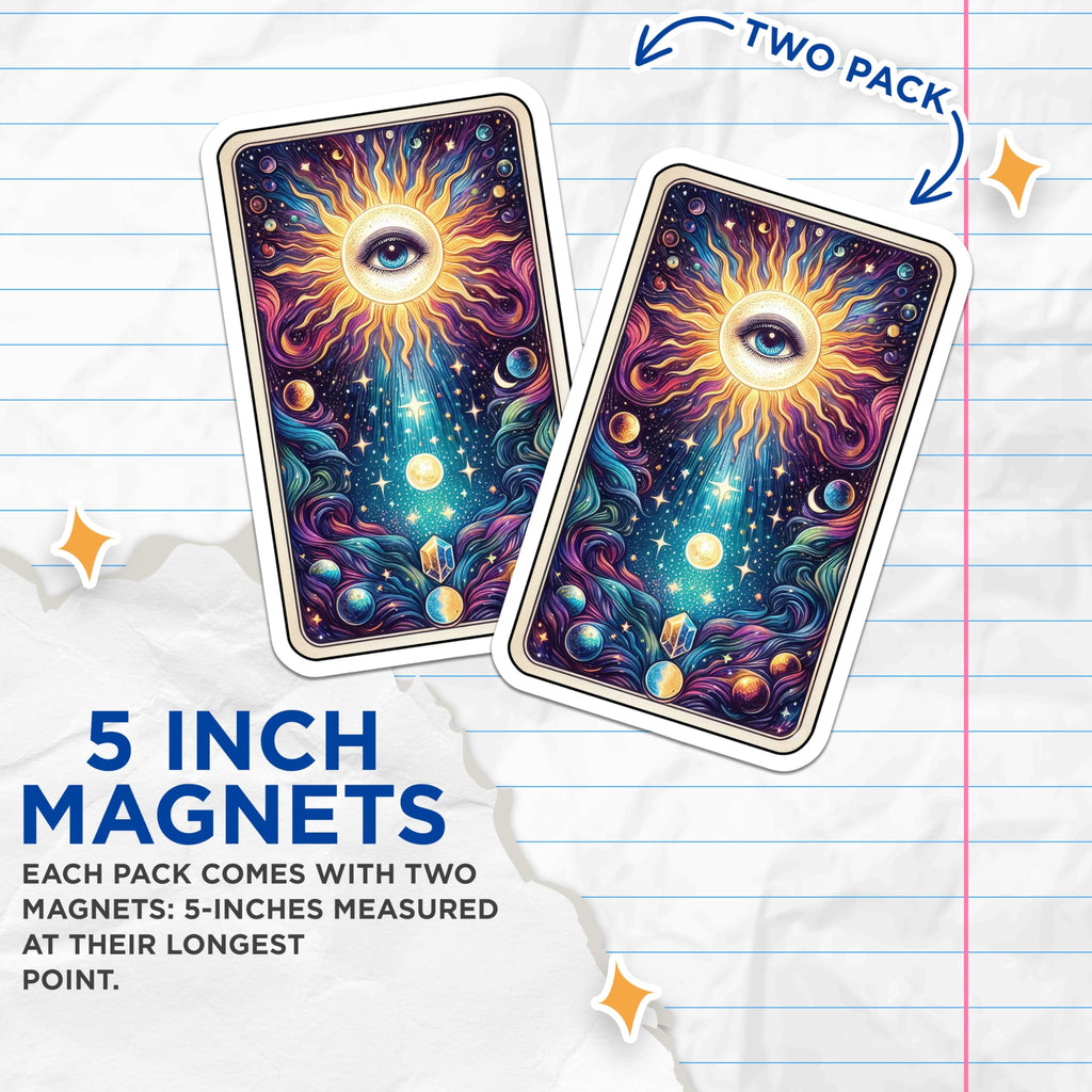 (2 Pack) Cosmic Eye Magnets - Mystical Sun All Seeing Eye Visionary Art - Celestial Universe Starry Sky Home Decor - 5 Inches On Longest Side - Thick Durable Magnet - Made in USA - MAG22040