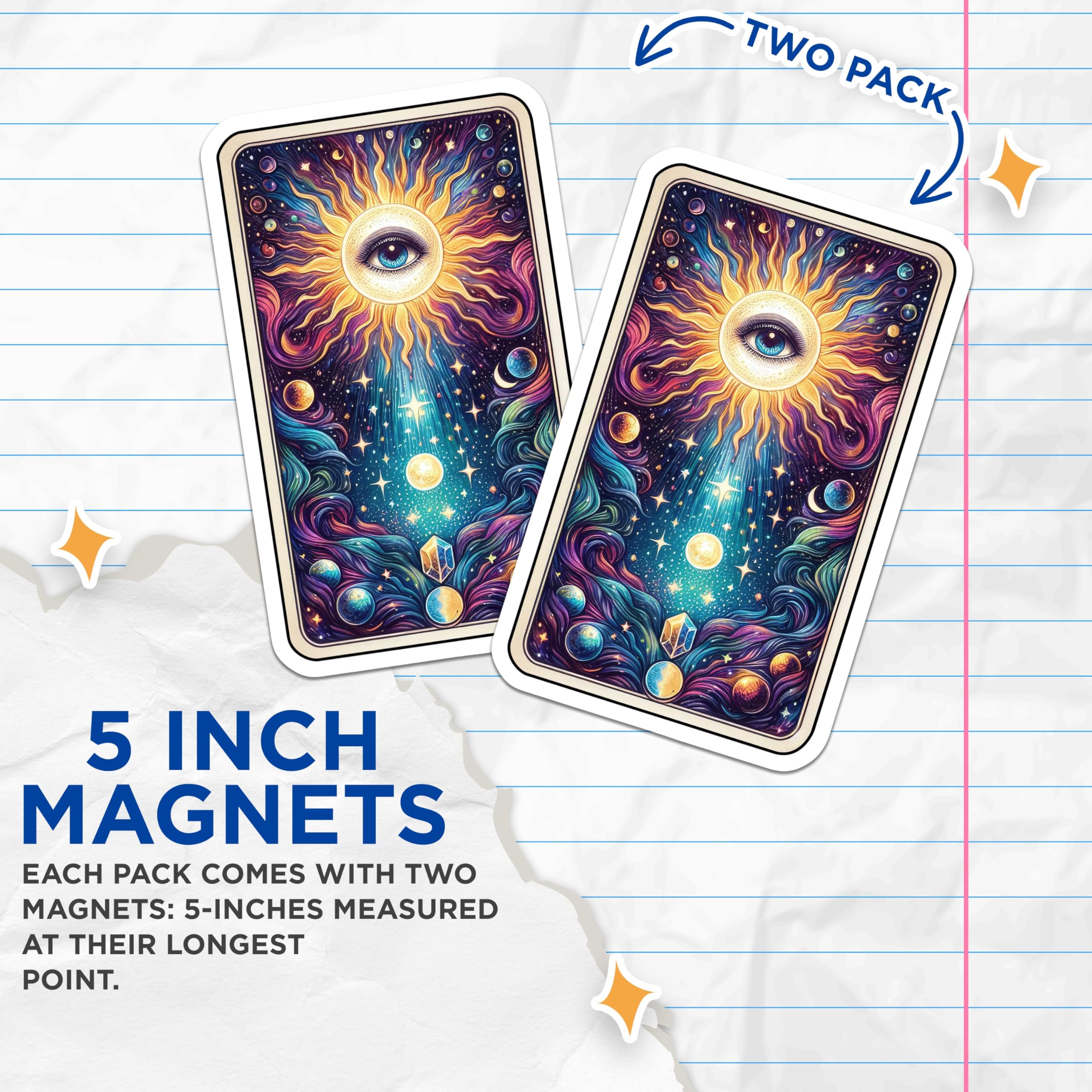 (2 Pack) Cosmic Eye Magnets - Mystical Sun All Seeing Eye Visionary Art - Celestial Universe Starry Sky Home Decor - 5 Inches On Longest Side - Thick Durable Magnet - Made in USA - MAG22040