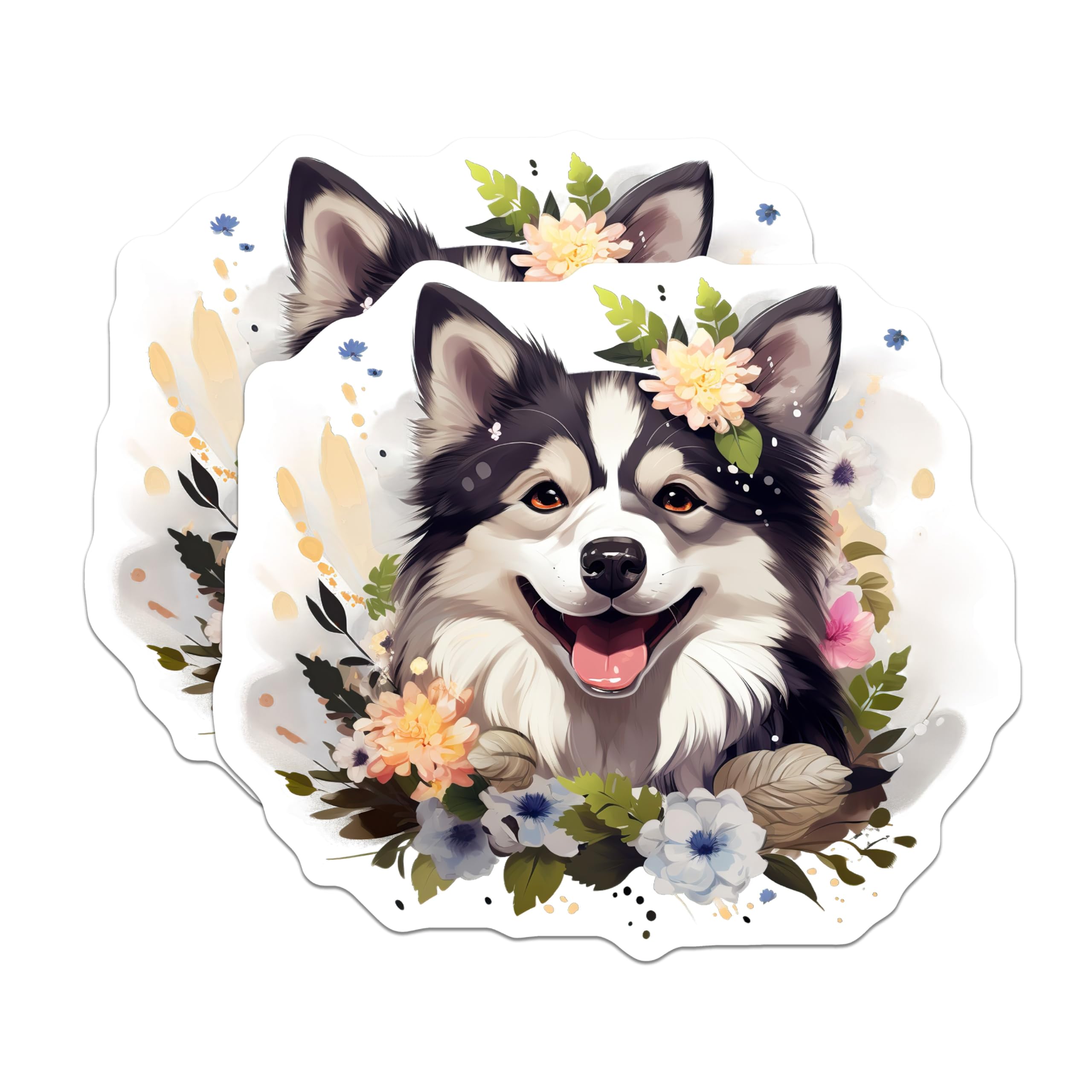 (2 Pack) Happy Watercolor Dog Magnets - Floral Puppy Art - Smiling Husky Malamute Lover Accessory - 5 Inches On Longest Side - Thick Durable Magnet - Made in USA - MAG24015