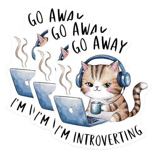 (3 Pack) Introvert Cat Decals - Go Away I am Introverting - Laptop Decal - 3 Inches On Longest Side - Easy Peel & Apply - Made in USA - 3MCS2235