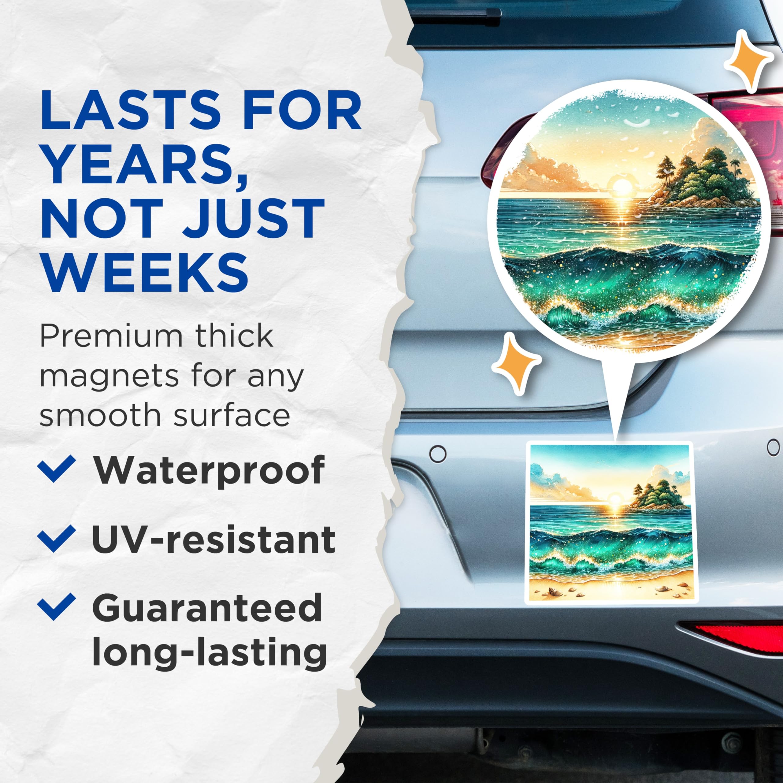 (2 Pack) Beach Scene Magnets - Watercolor Ocean Waves - Tropical Sunset Art - Coastal Kitchen Decor - 5 Inches On Longest Side - Thick Durable Magnet - Made in USA - MAG26221