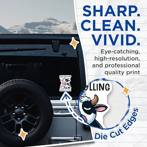 (2 Pack) Funny Cow Stickers - Keep Rolling Your Eyes - Cute Animal Stickers - Sarcastic Quote Decal - 5" On Longest Side - Sticks to Smooth Flat Surfaces - Made in USA - BMCS6012