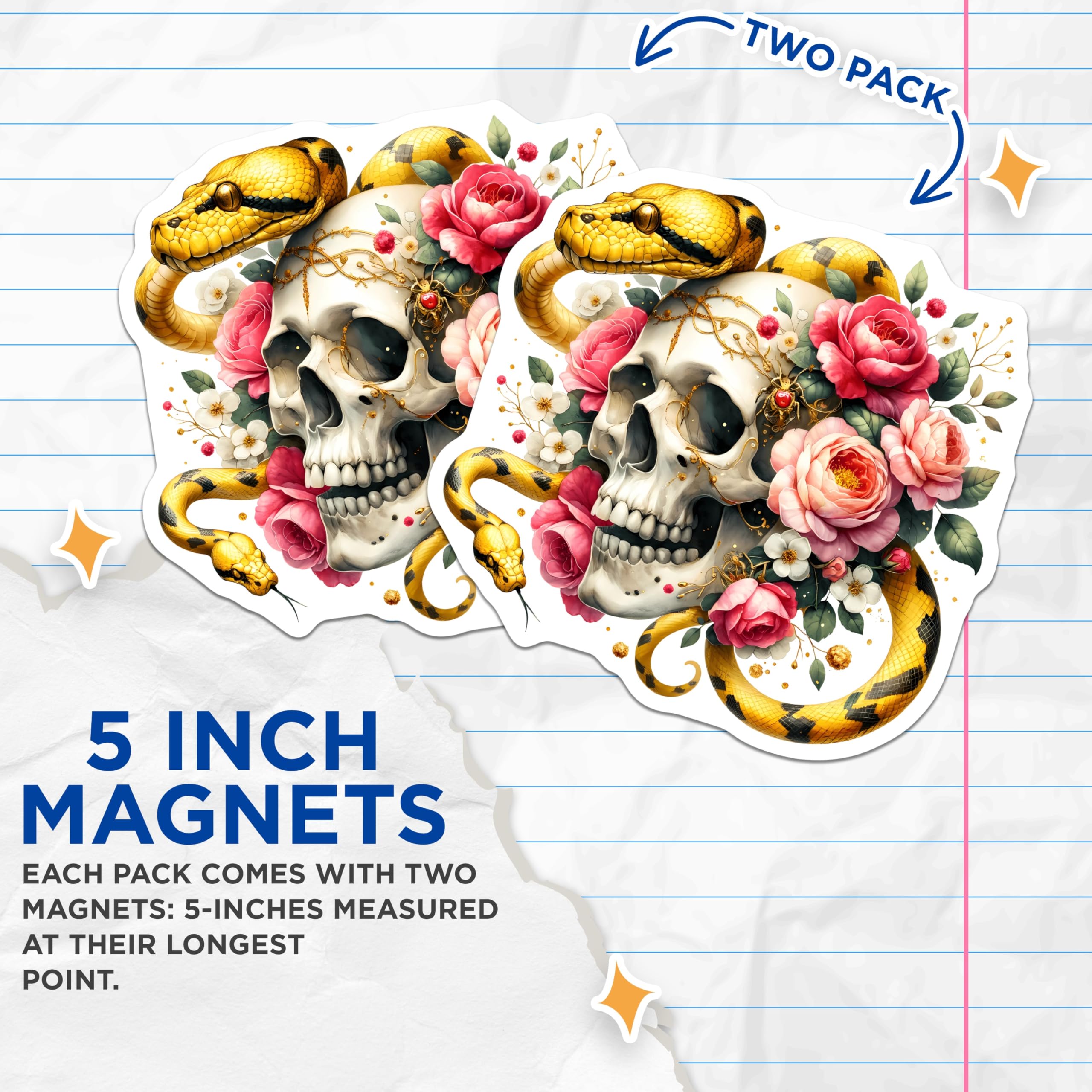 (2 Pack) Skull Snake Rose Magnets - Golden Serpent Floral Artistry - Macabre Gothic Botanical Decor Accents for Home - 5 Inches On Longest Side - Thick Durable Magnet - Made in USA - MAG21078