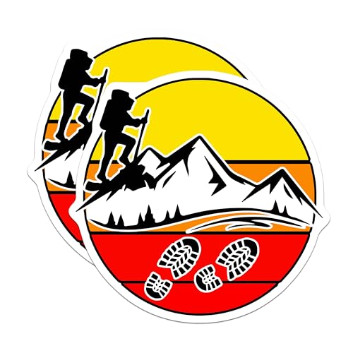 (2 Pack) Hiker Mountain Adventure Stickers - Outdoor Enthusiast Decal - Hiking Sticker for Water Bottles and Laptops - 5" On Longest Side - Sticks to Smooth Flat Surfaces - Made in USA - BMCS5737