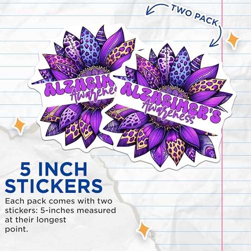 (2 Pack) Alzheimers Awareness Stickers - Purple Flower Art - Support Stickers for Health Awareness - 5" On Longest Side - Sticks to Smooth Flat Surfaces - Made in USA - BMCS9781