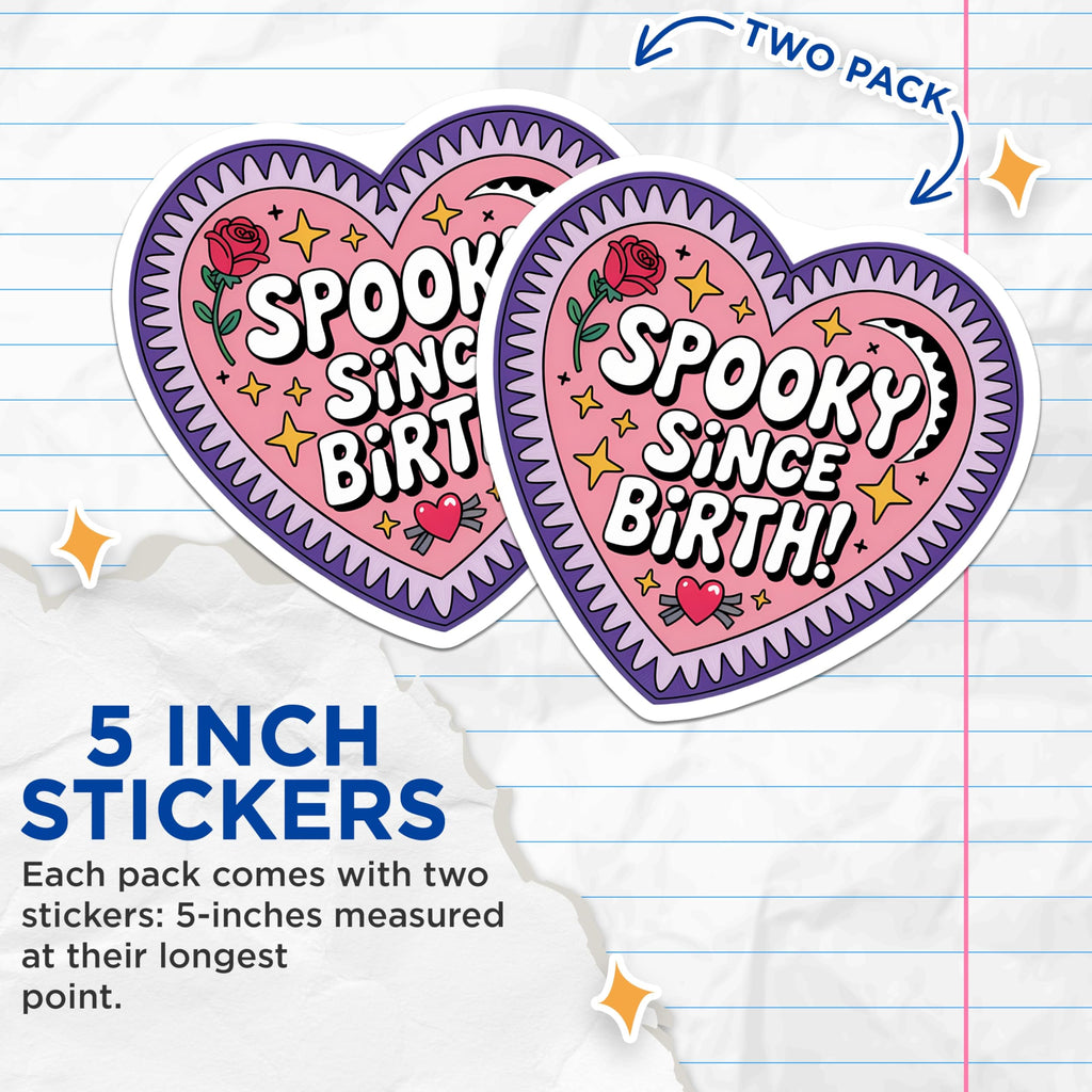 (2 Pack) Spooky Since Birth Stickers - Gothic Heart Decals - Pastel Goth Witchy Art - Halloween Aesthetic - 5" On Longest Side - Sticks to Smooth Flat Surfaces - Made in USA - BMCS21838
