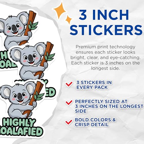 (3 Pack) Koala Decals - Highly Koalafied - Cute Animal Laptop Decal - 3 Inches On Longest Side - Easy Peel & Apply - Made in USA - 3MCS2535
