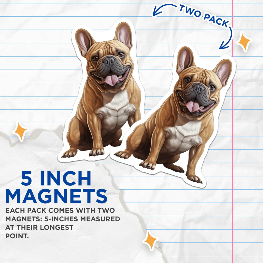 (2 Pack) Happy Fawn French Bulldog Magnets - Smiling Frenchie Dog Pet Decor - Charming Animal Lover Kitchen Refrigerator Art - 5 Inches On Longest Side - Thick Durable Magnet - Made in USA - MAG23746