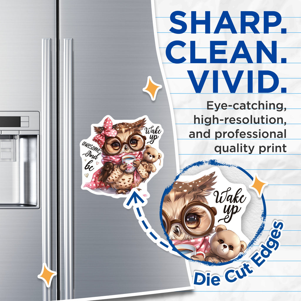 (2 Pack) Cute Owl Magnets - Coffee Lover Decor - Positive Message Art - Refrigerator Locker Accent - 5 Inches On Longest Side - Thick Durable Magnet - Made in USA - MAG38732