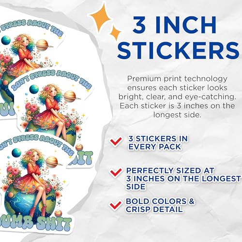 (3 Pack) Girl On Earth Decals - Don't Stress - Anime Style - 3 Inches On Longest Side - Easy Peel & Apply - Made in USA - 3MCS7801
