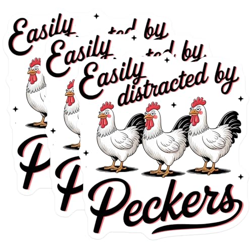 (3 Pack) Chicken Decals - Funny Chicken - Easily Distracted - Laptop Decal - Humor - 3 Inches On Longest Side - Easy Peel & Apply - Made in USA - 3MCS8737