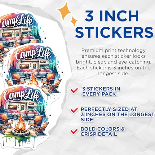 (3 Pack) Camp Life Decals - RV Camping Decal - Bonfire Laptop Stickers- 3 Inches On Longest Side - Easy Peel & Apply - Made in USA - 3MCS5947