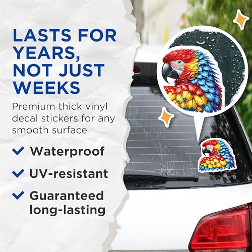 (2 Pack) Vibrant Parrot Stickers - Tropical Bird Decal - Colorful Macaw Art - 5" On Longest Side - Sticks to Smooth Flat Surfaces - Made in USA - BMCS4521