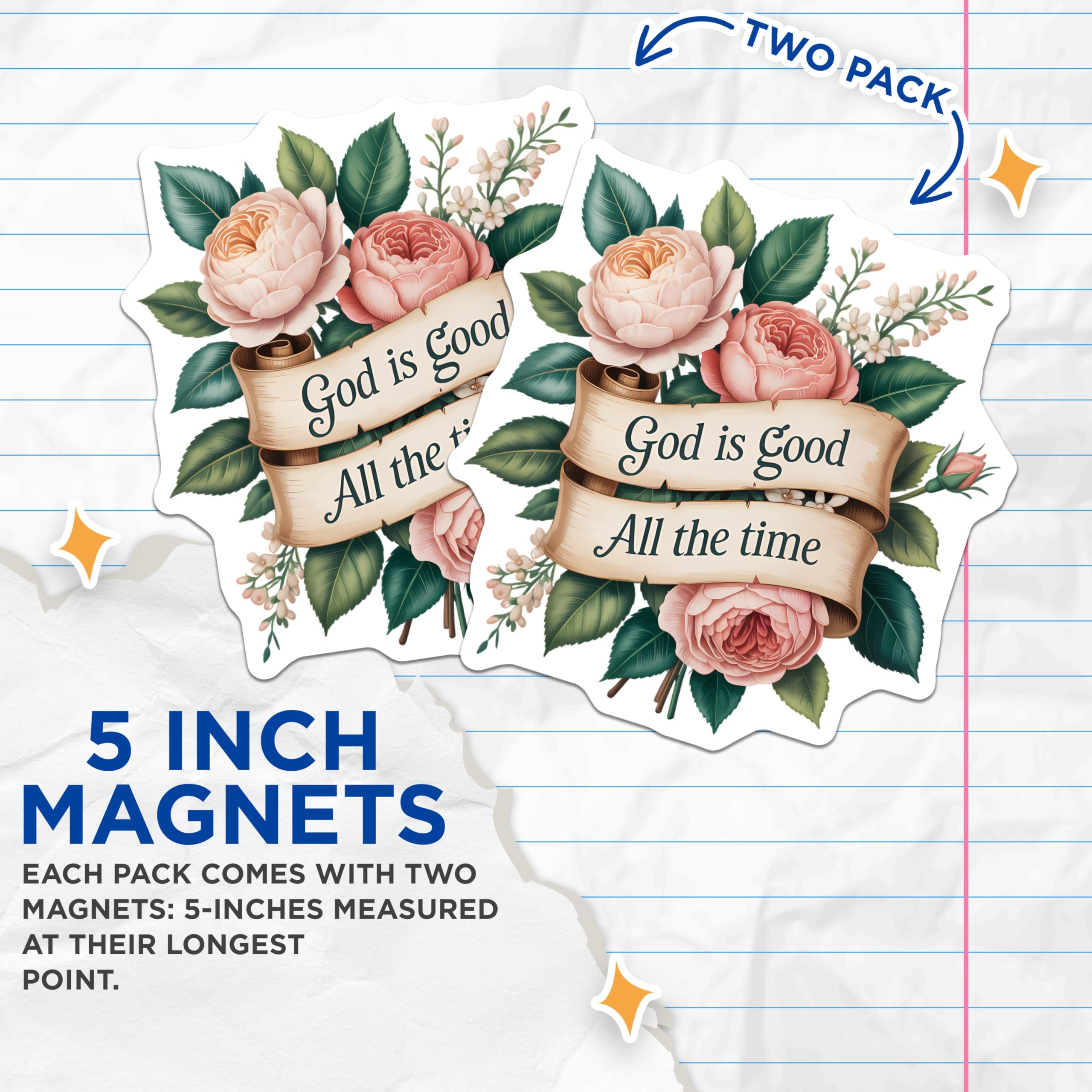 (2 Pack) Christian Faith Magnets - God is Good All the Time Scripture Art - Inspirational Rose Bouquet Home Decor - 5 Inches On Longest Side - Thick Durable Magnet - Made in USA - MAG22263