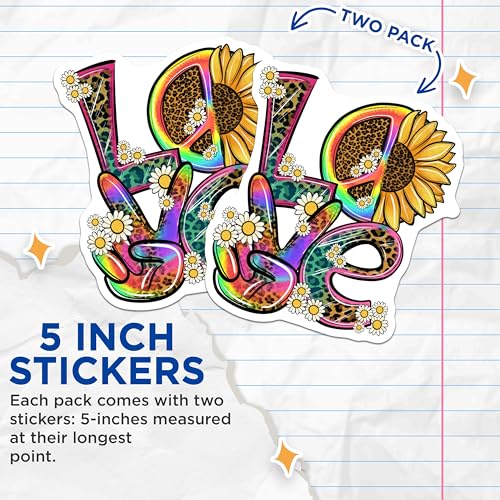 (2 Pack) Love Floral Stickers - Colorful Love Stickers - Leopard Print Peace Stickers - 5" On Longest Side - Sticks to Smooth Flat Surfaces - Made in USA - BMCS6192
