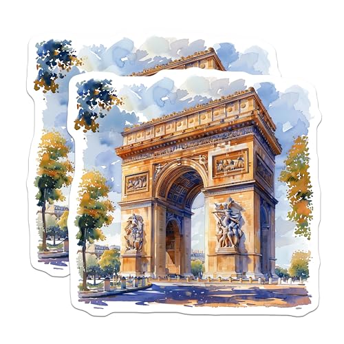 (2 Pack) Paris Landmark Stickers - Arch of Triumph Stickers - Travel Souvenir Stickers - European Landmark Stickers - 5" On Longest Side - Sticks to Smooth Flat Surfaces - Made in USA - BMCS5181