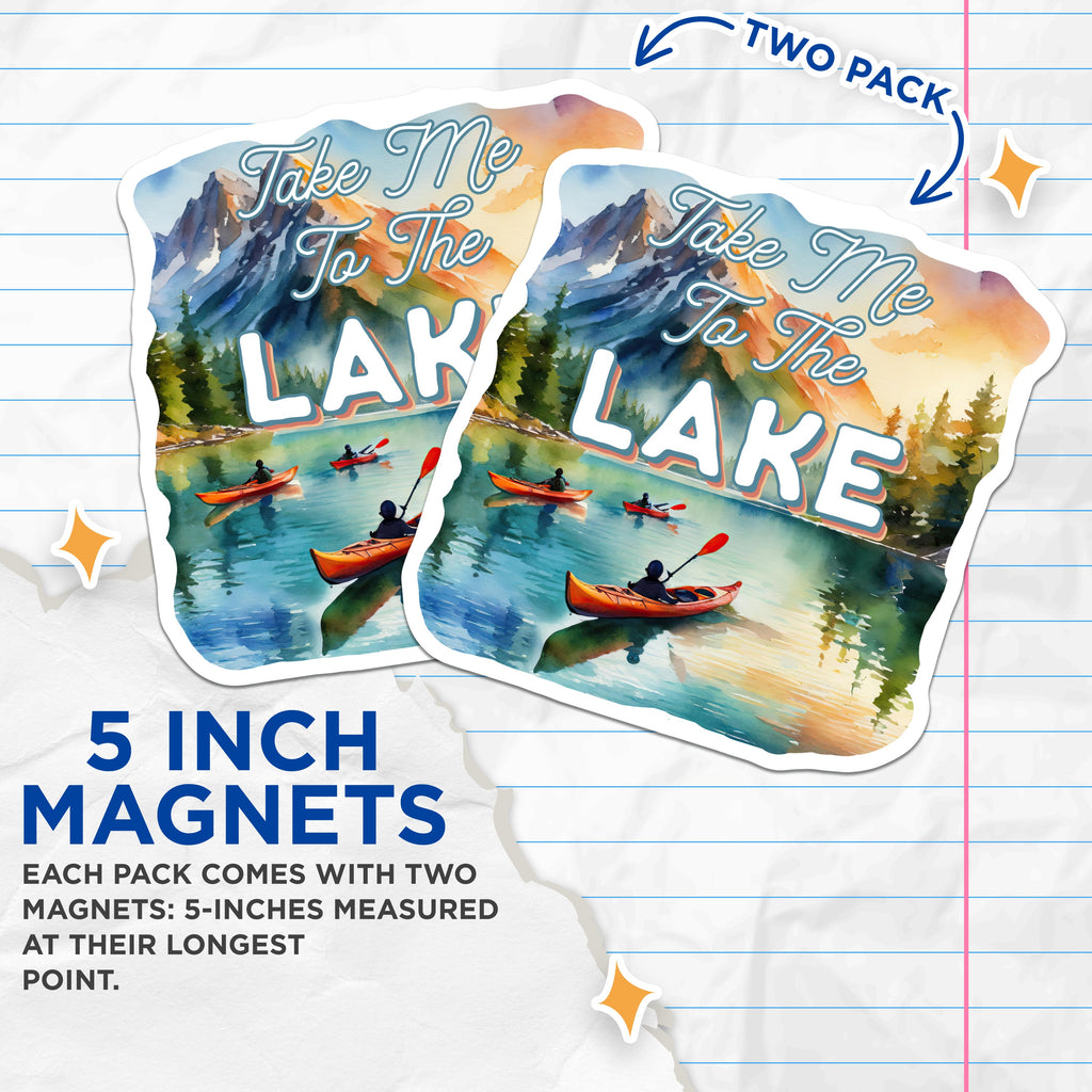 (2 Pack) Lake Life Magnets - Mountain Lake Cabin Decor - Kayak Adventure Scene - Watercolor Nature Lover - 5 Inches On Longest Side - Thick Durable Magnet - Made in USA - MAG37377