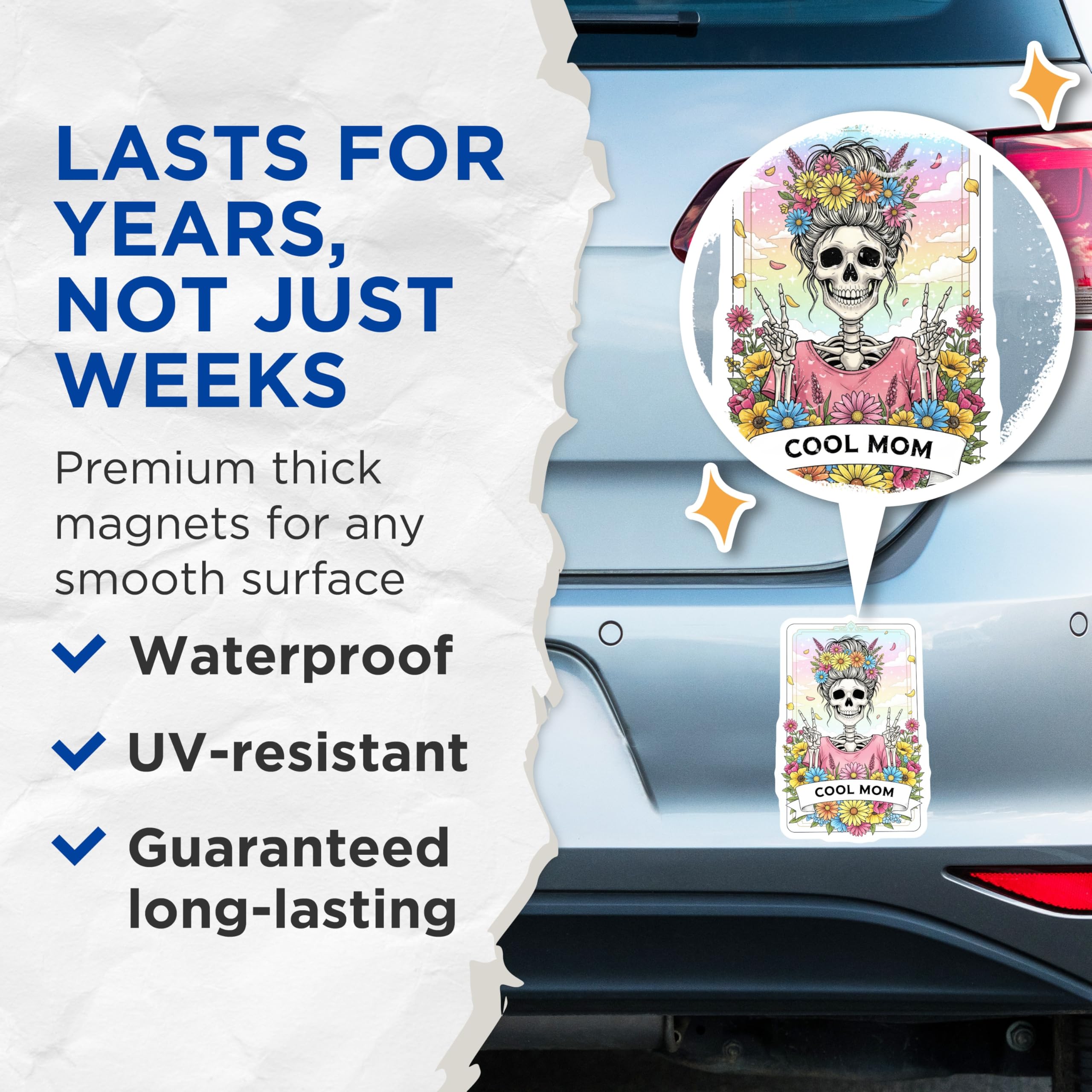 (2 Pack) Cool Mom Skeleton Magnets - Floral Skull Decor - Unique Refrigerator Magnets - 5" On Longest Side - Premium Magnet - for Cars, Refrigerators, Toolboxes, Lockers - Made in USA - MAG14604