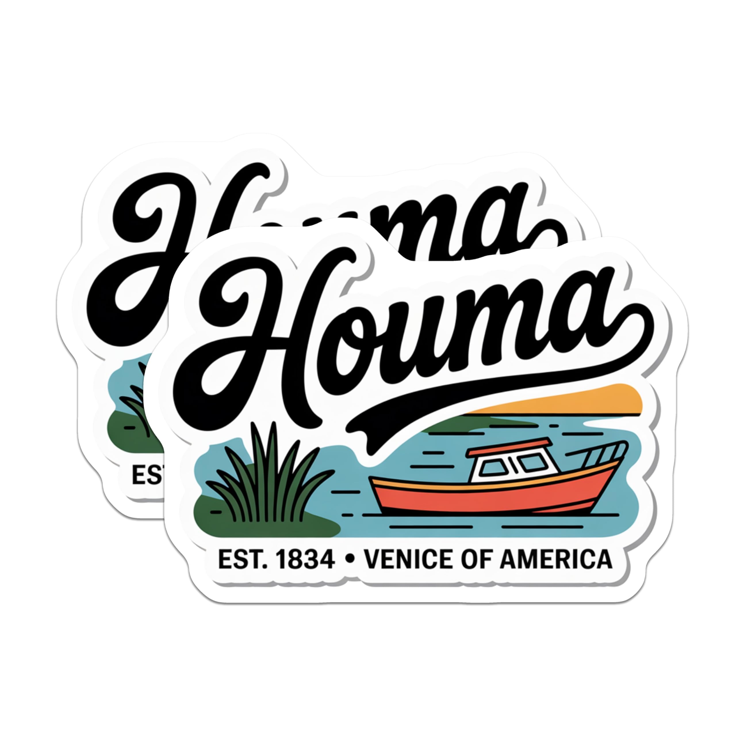 (2 Pack) Houma Louisiana Magnets - Venice of America Souvenir - Boat Illustration Magnet - 5" On Longest Side - Premium Magnet - for Cars, Refrigerators, Toolboxes, Lockers - Made in USA - MAG18965