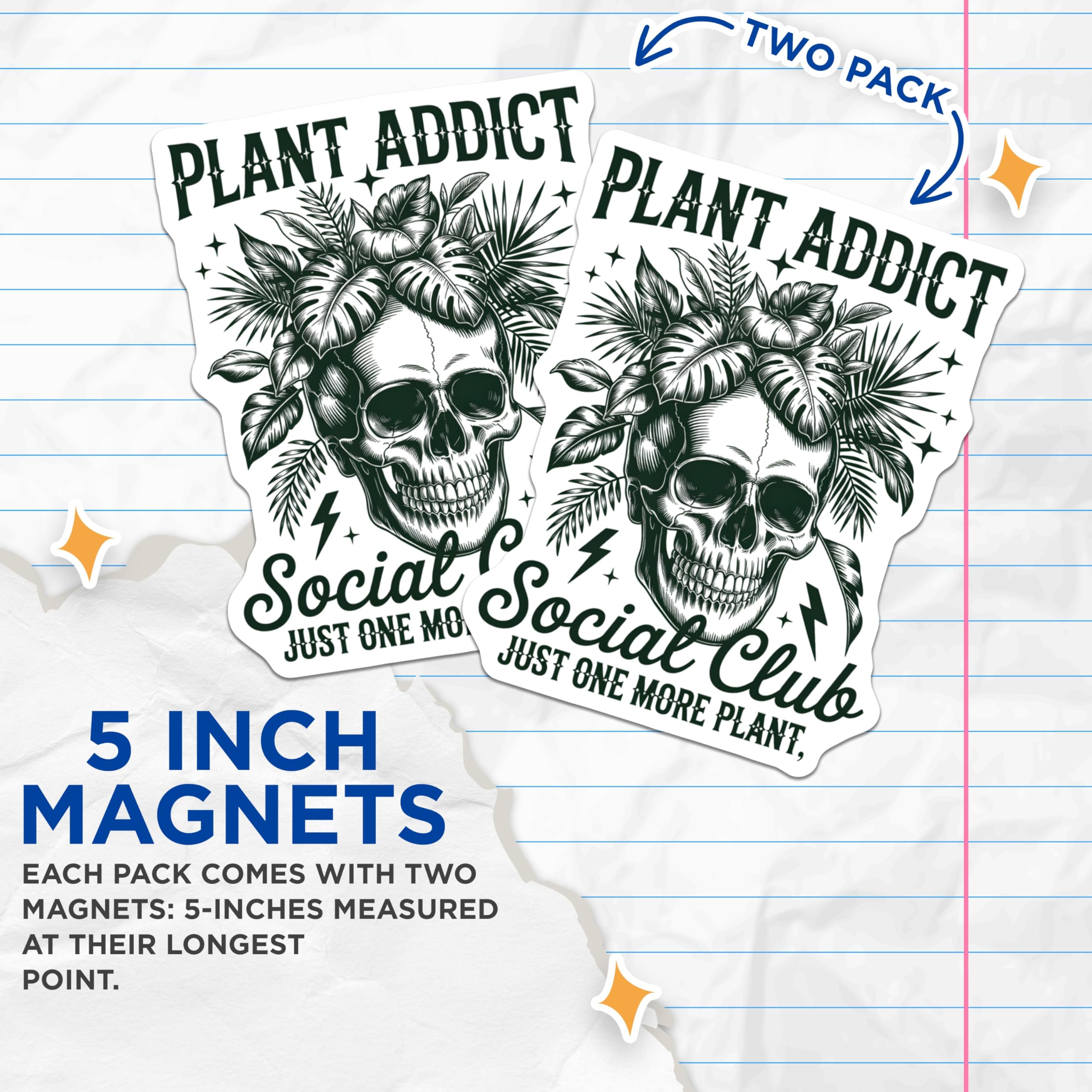 (2 Pack) Plant Addict Magnets - Skull Botanical Design - Houseplant Enthusiast Decor - Tropical Leaf Art for Plant Lovers - 5 Inches On Longest Side - Thick Durable Magnet - Made in USA - MAG20991