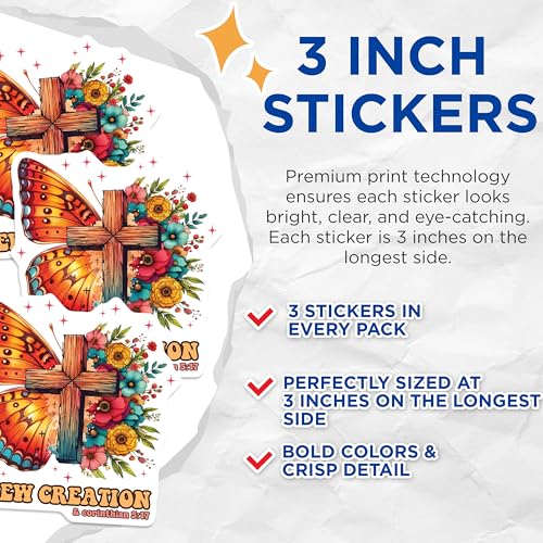 (3 Pack) Christian Butterfly Decals - Floral Cross Decal - New Creation Decal - 3 Inches On Longest Side - Easy Peel & Apply - Made in USA - 3MCS2519