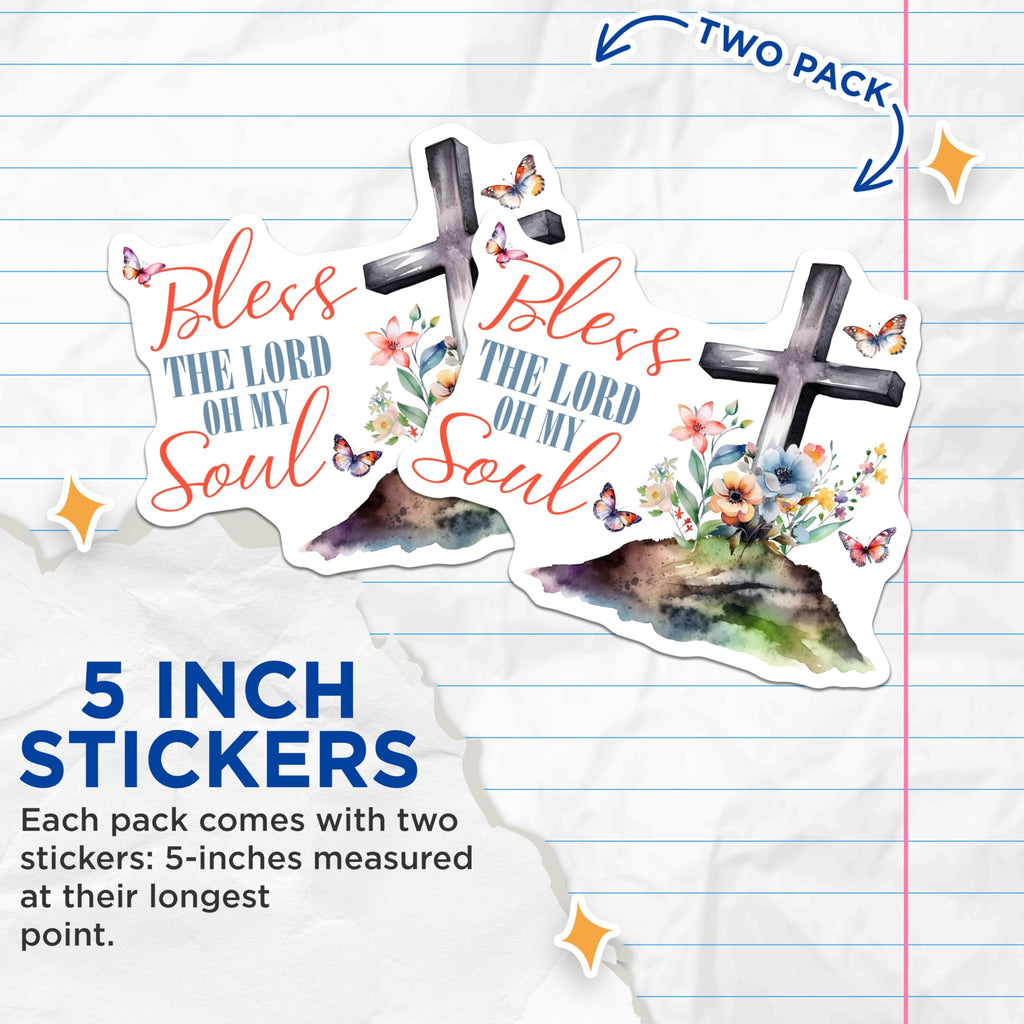 (2 Pack) Bless The Lord Oh My Soul Stickers - Christian Faith - Religious Quote - 5" On Longest Side - Sticks to Smooth Flat Surfaces - Made in USA - BMCS8578 - Inspirational Cross - Floral Design