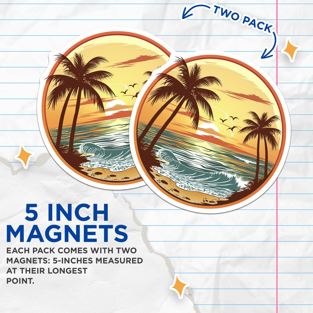 (2 Pack) Tropical Beach Sunset Magnets - Palm Tree Ocean Scene - Coastal Home Refrigerator Decor - 5 Inches On Longest Side - Thick Durable Magnet - Made in USA - MAG36229