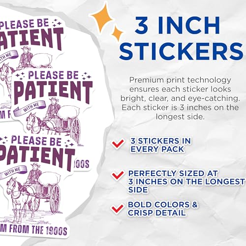 (3 Pack) Please Be Patient Decals - 1900s Horse Cart - Funny Retro Decals - 3 Inches On Longest Side - Easy Peel & Apply - Made in USA - 3MCS2322