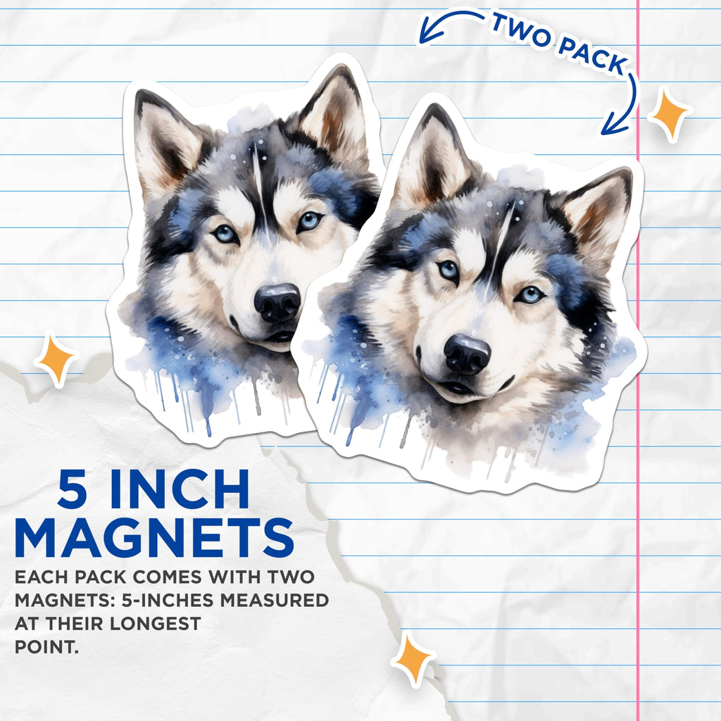 (2 Pack) Watercolor Husky Dog Magnets - Siberian Husky Pet Owner Decor - Animal Lover Kitchen Fridge - 5 Inches On Longest Side - Thick Durable Magnet - Made in USA - MAG29910