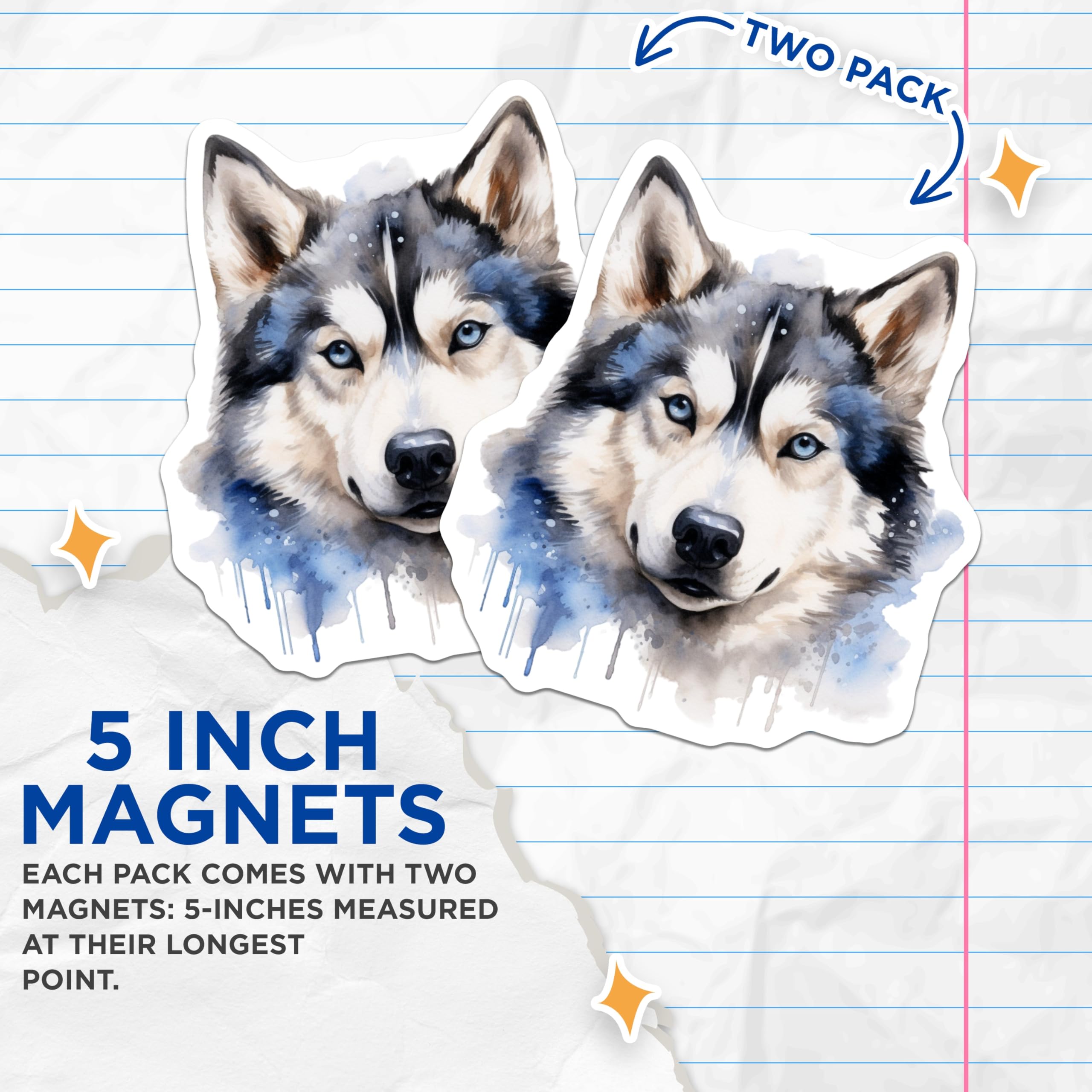(2 Pack) Watercolor Husky Dog Magnets - Siberian Husky Pet Owner Decor - Animal Lover Kitchen Fridge - 5 Inches On Longest Side - Thick Durable Magnet - Made in USA - MAG29910