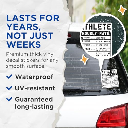 (2 Pack) Athlete Hourly Rate Stickers - Funny Rate Chart Stickers - Sports Enthusiast Stickers - 5" On Longest Side - Sticks to Smooth Flat Surfaces - Made in USA - BMCS4909