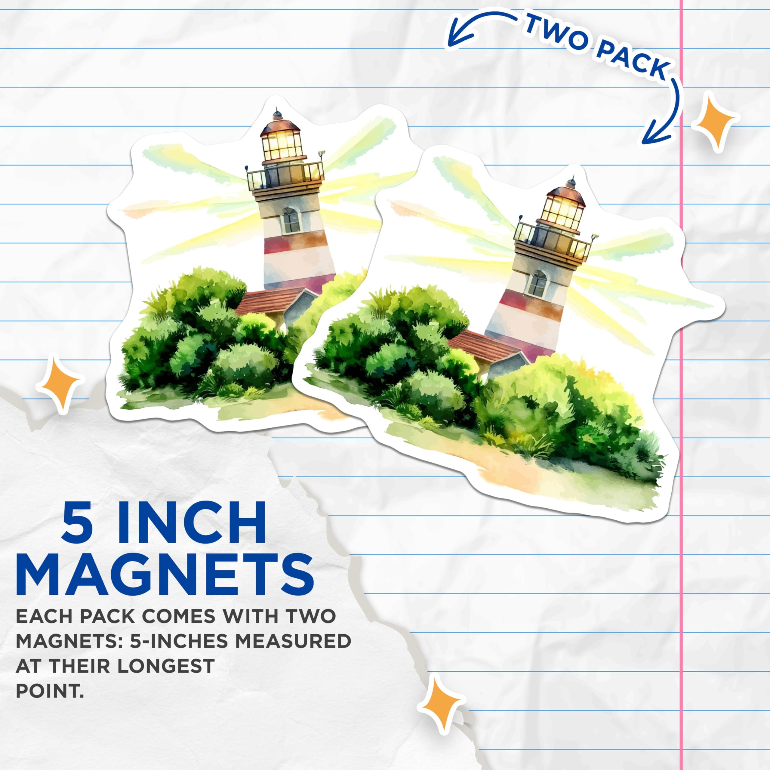 (2 Pack) Lighthouse Magnets - Watercolor Seascape Art - Coastal Home Decor - 5 Inches On Longest Side - Thick Durable Magnet - Made in USA - MAG19581