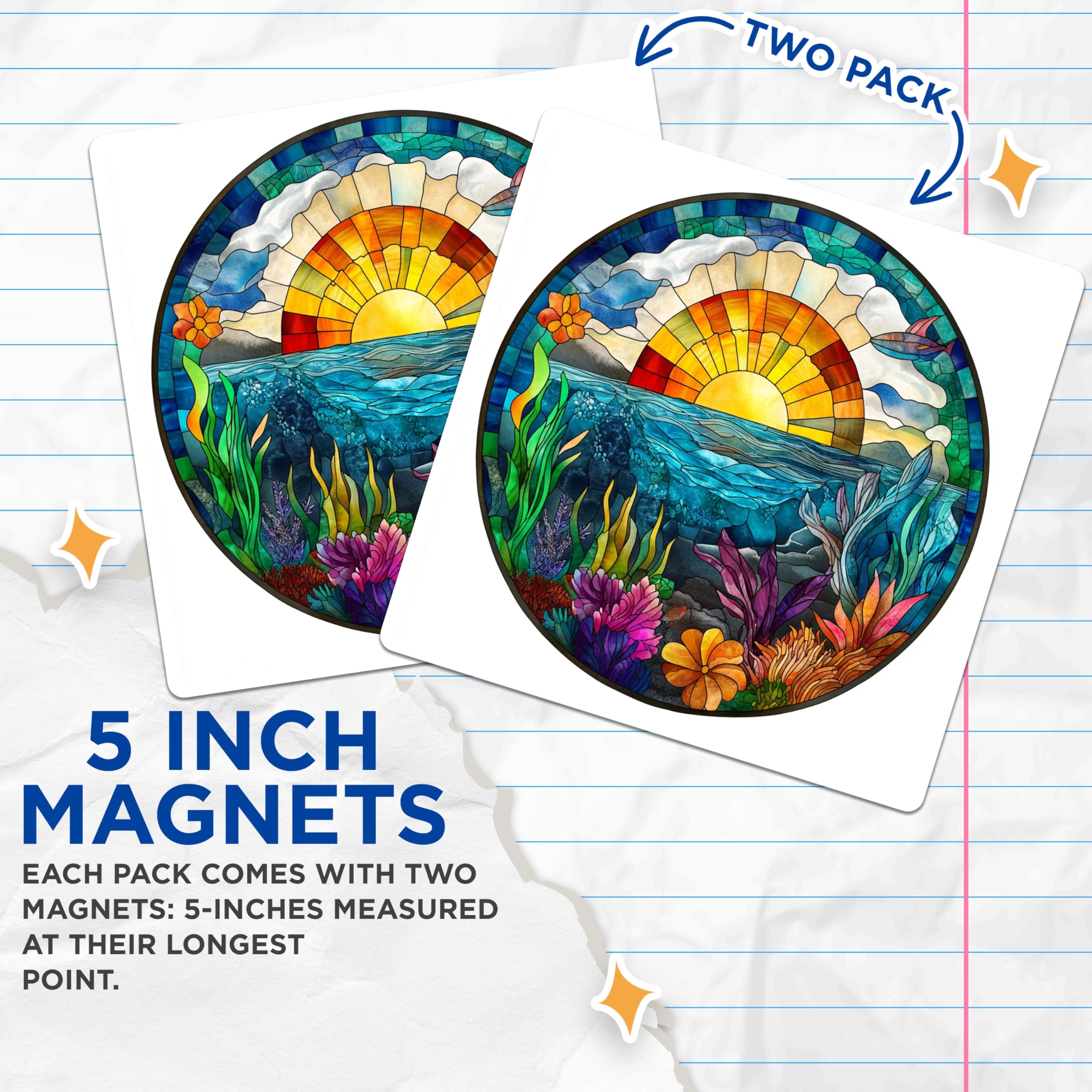 (2 Pack) Faux Stained Glass Magnets - Ocean Reef Sunset - Coastal Decor Accent - 5 Inches On Longest Side - Thick Durable Magnet - Made in USA - MAG30417