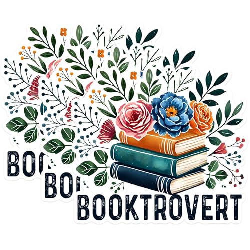 (3 Pack) Booktrovert Decals - Book Lover - Floral Stacked Books - 3 Inches On Longest Side - Easy Peel & Apply - Made in USA - 3MCS1570