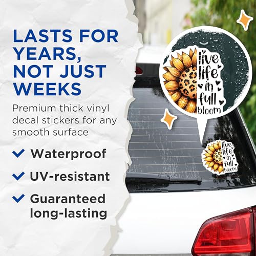 (2 Pack) Live Life in Full Bloom Stickers - Sunflower - Inspirational Quote - Leopard Print - 5" On Longest Side - Sticks to Smooth Flat Surfaces - Made in USA - BMCS7980