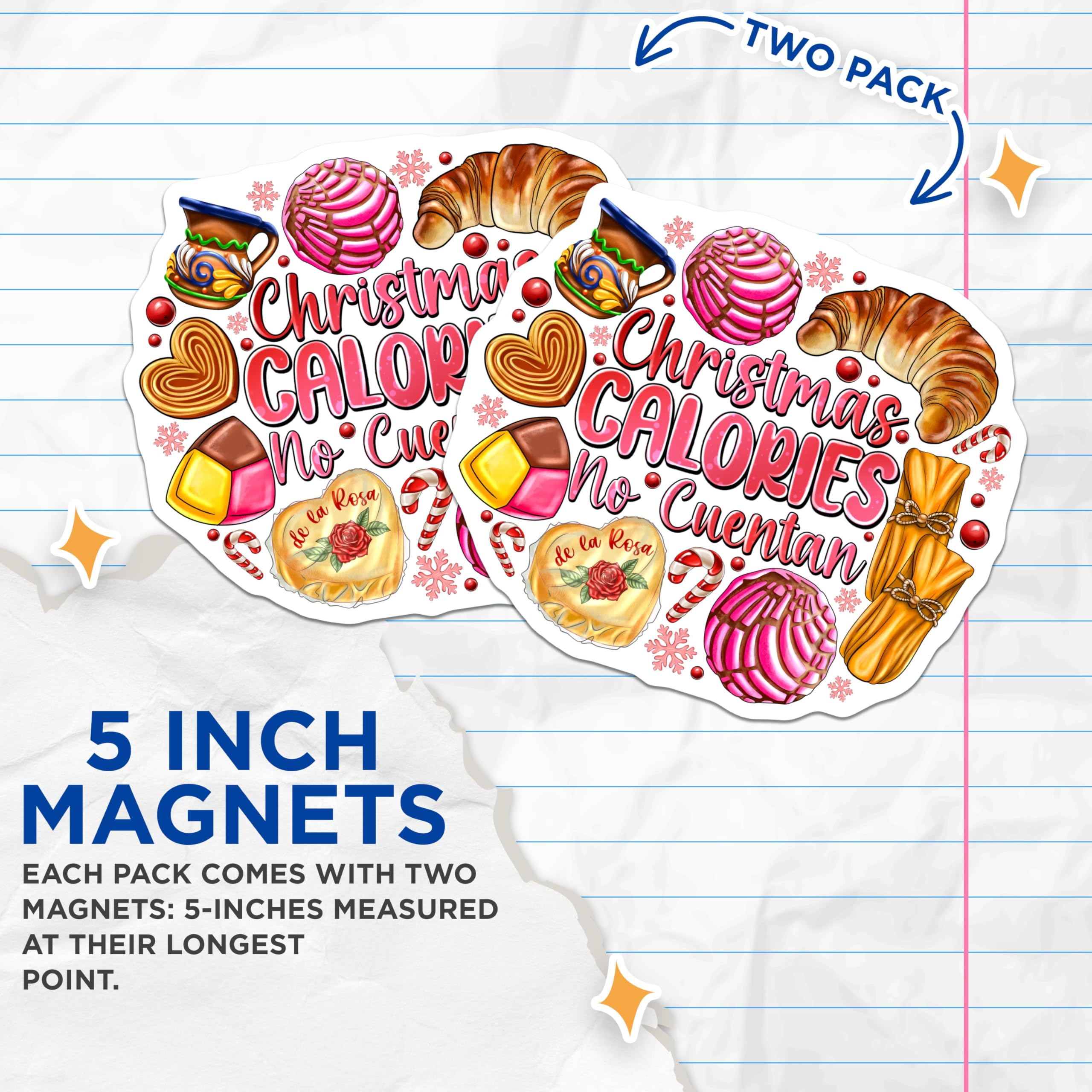 (2 Pack) Christmas Calories No Cuentan Magnets - Mexican Pan Dulce Food - Latina Holiday Kitchen Decor - 5 Inches On Longest Side - Thick Durable Magnet - Made in USA - MAG29283
