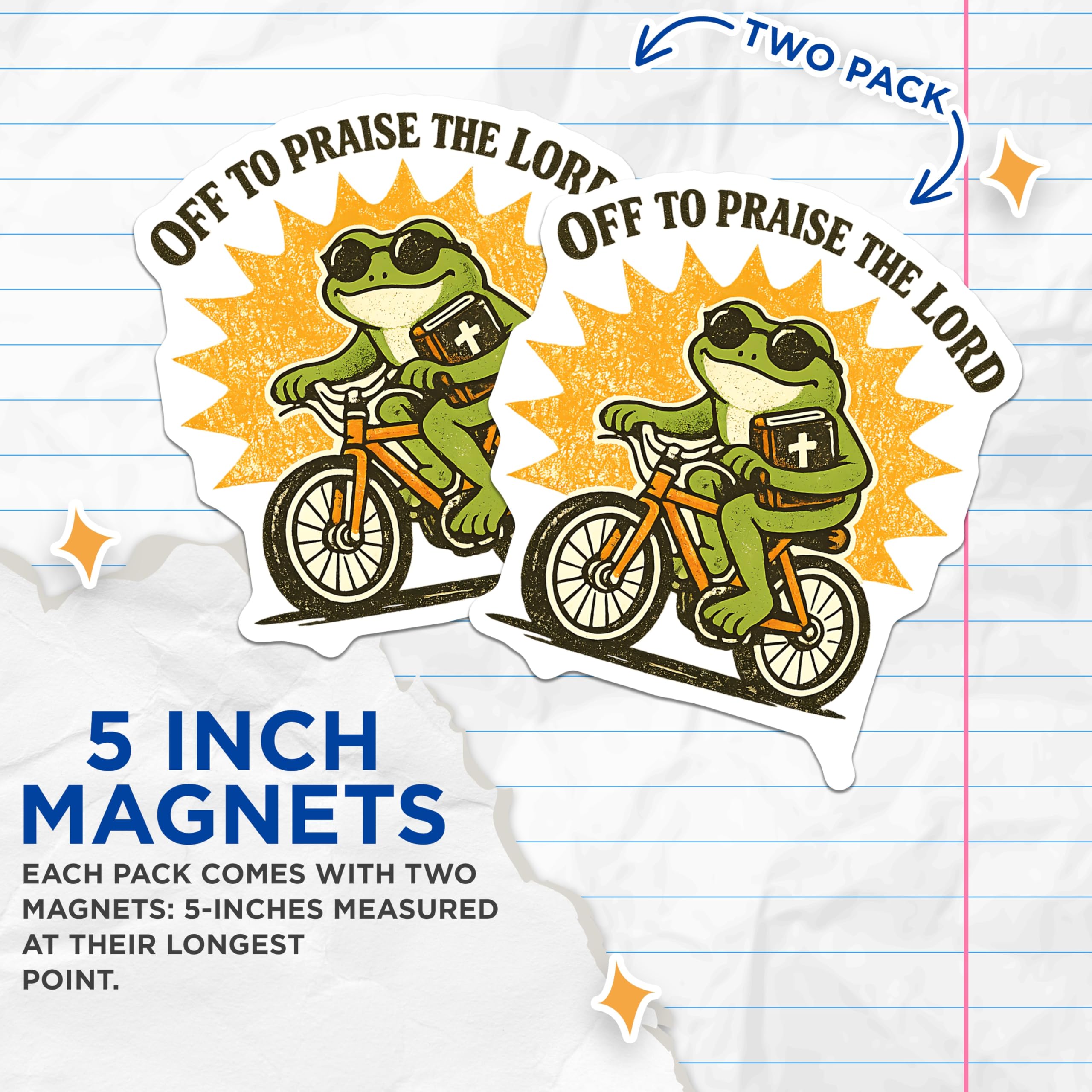 (2 Pack) Frog Bicycle Magnets - Off to Praise The Lord - Christian Faith Decor - 5 Inches On Longest Side - Thick Durable Magnet - Made in USA - MAG22151