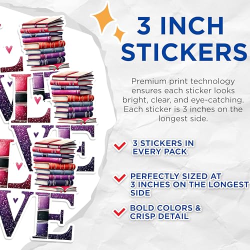(3 Pack) Book Lover Decals - Stacked Books - Literary Love Decals - 3 Inches On Longest Side - Easy Peel & Apply - Made in USA - 3MCS1575
