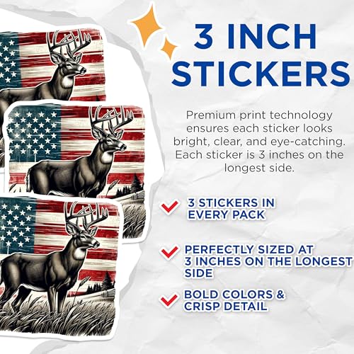 (3 Pack) Patriotic Deer Decals - American Flag - Laptop Decal - 3 Inches On Longest Side - Easy Peel & Apply - Made in USA - 3MCS4672