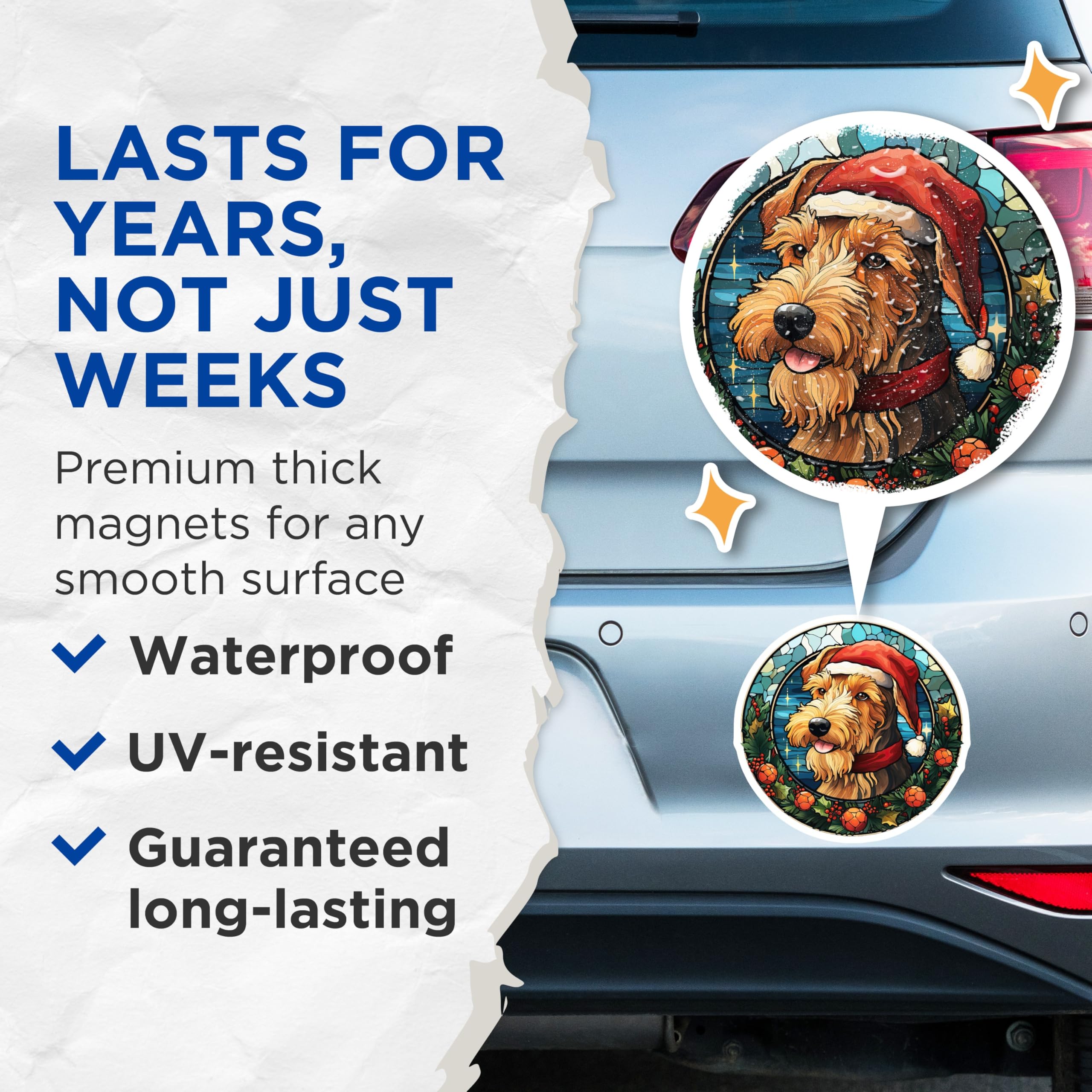 (2 Pack) Christmas Dog Magnets - Airedale Terrier Art - Holiday Pet Decor - Stained Glass Effect Fridge Magnets - 5 Inches On Longest Side - Thick Durable Magnet - Made in USA - MAG28039