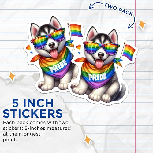 (2 Pack) Pride Dog Stickers - Cute Husky Dog - Rainbow Flag - LGBTQ Pride - Colorful Dog Illustration - Puppy Sticker Art - 5" On Longest Side - Sticks to Smooth Flat Surfaces - Made in USA - BMCS7158