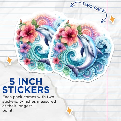 (2 Pack) Dolphin Stickers - Ocean Stickers - Floral Wave Dolphin Design - 5" On Longest Side - Sticks to Smooth Flat Surfaces - Made in USA - BMCS9490