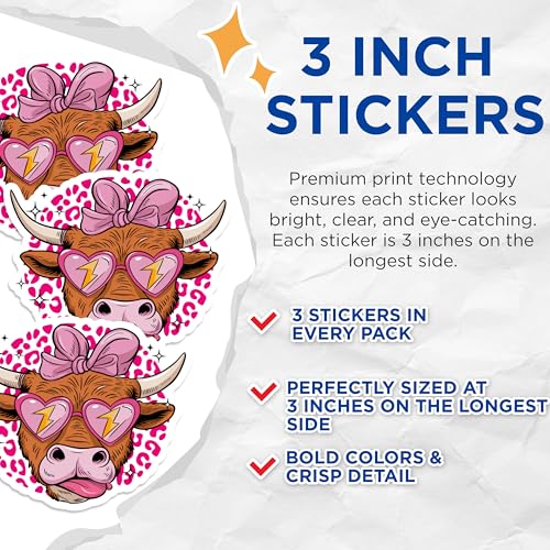 (3 Pack) Cow with Glasses Decals - Pink Leopard Print - Laptop Decal - 3 Inches On Longest Side - Easy Peel & Apply - Made in USA - 3MCS1743