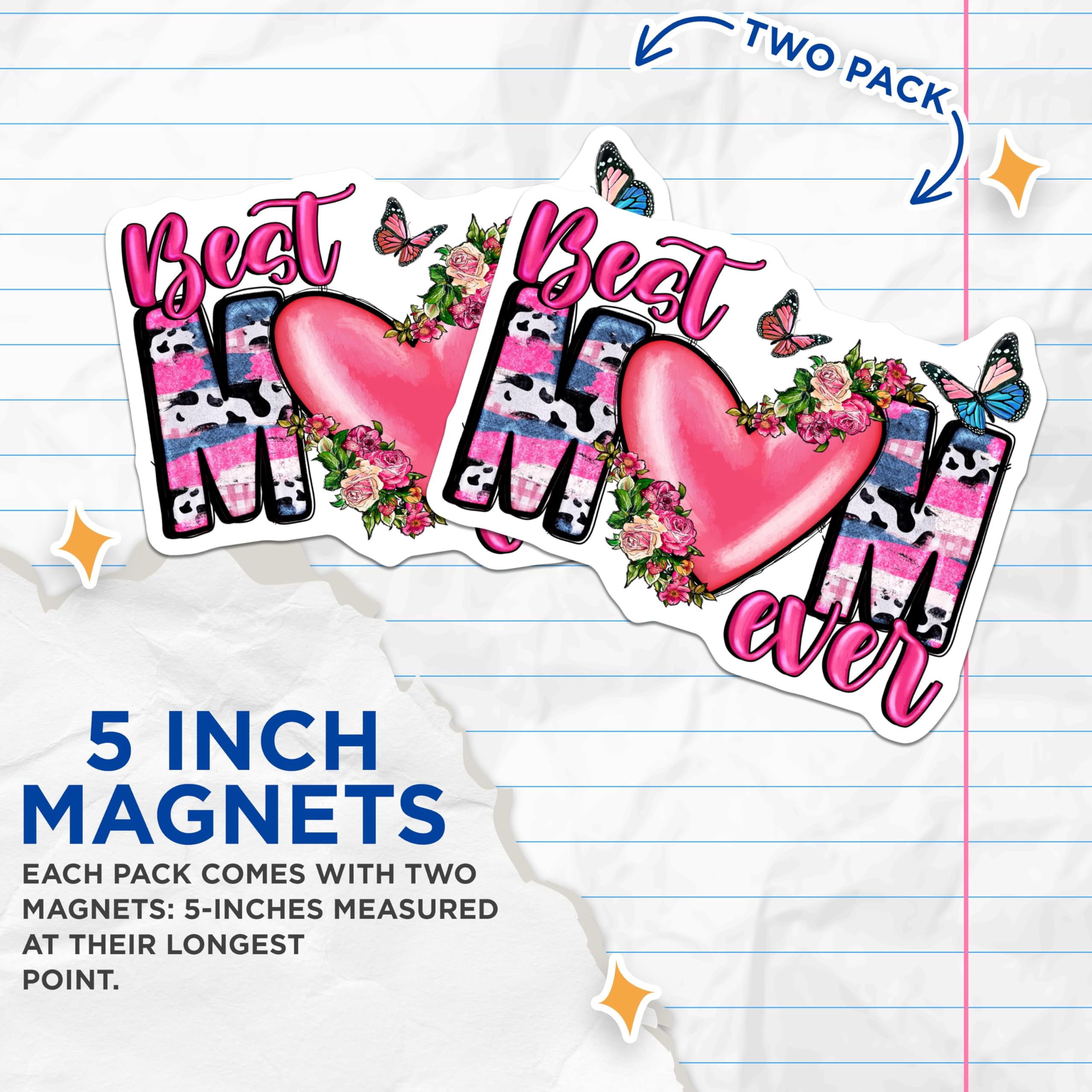 (2 Pack) Best Mom Ever Magnets - Floral Heart Decor - Pink Cow Print Fridge Art - 5 Inches On Longest Side - Thick Durable Magnet - Made in USA - MAG29320