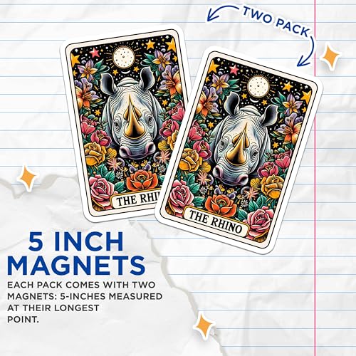 (2 Pack) Rhino Illustration Magnets - Floral Animal Magnets - Colorful Wildlife Art Magnets - Nature-Inspired - 5" On Longest Side - for Cars, Fridges, Toolboxes - Made in USA - MAG4485