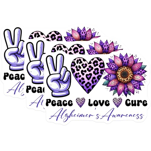 (3 Pack) Alzheimers Awareness Decals - Peace Love Cure - Purple Flower Decals - 3 Inches On Longest Side - Easy Peel & Apply - Made in USA - 3MCS8553