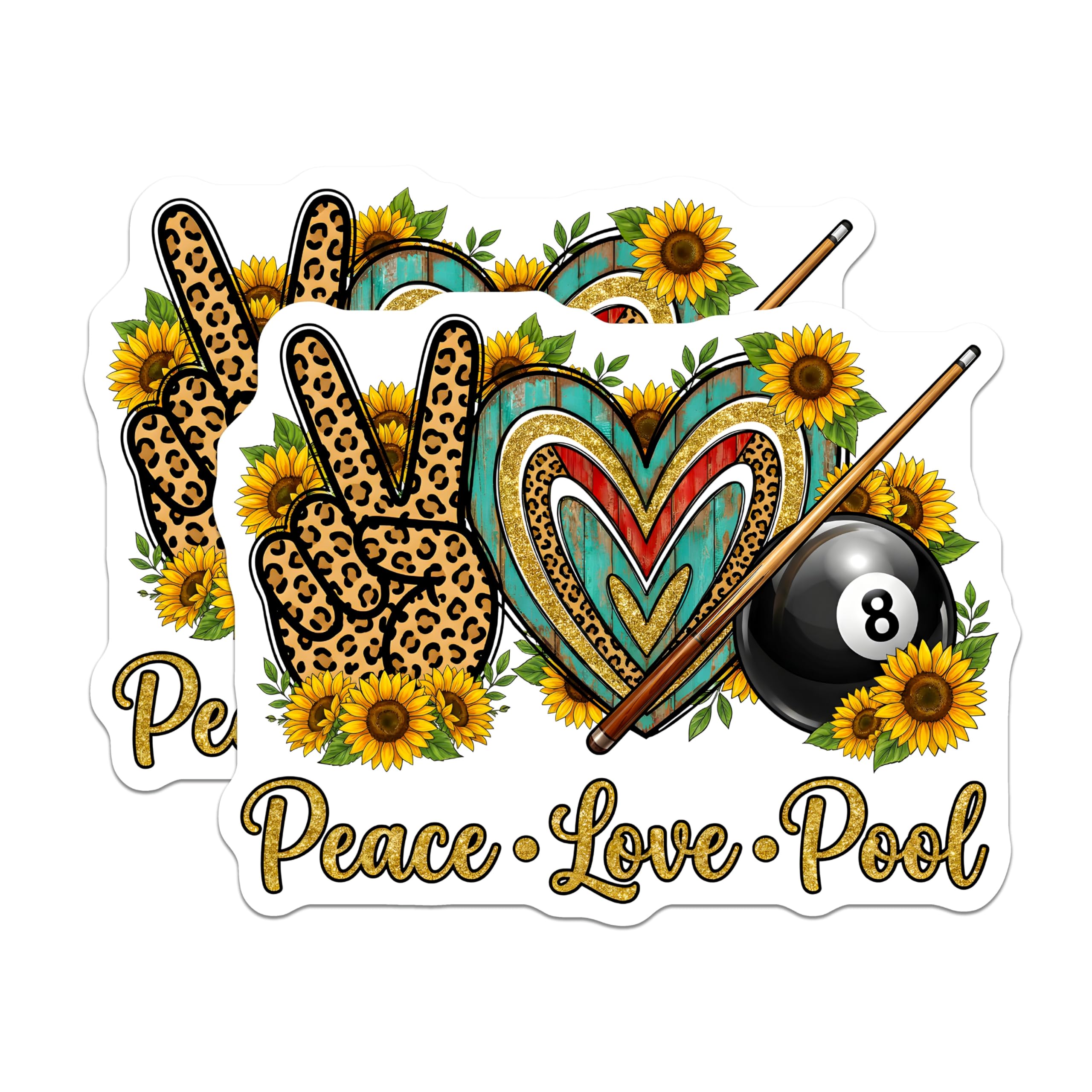 (2 Pack) Peace Love Pool Magnets - Billiards 8 Ball - Leopard Sunflower - 5 Inches On Longest Side - Thick Durable Magnet - Made in USA - MAG29834