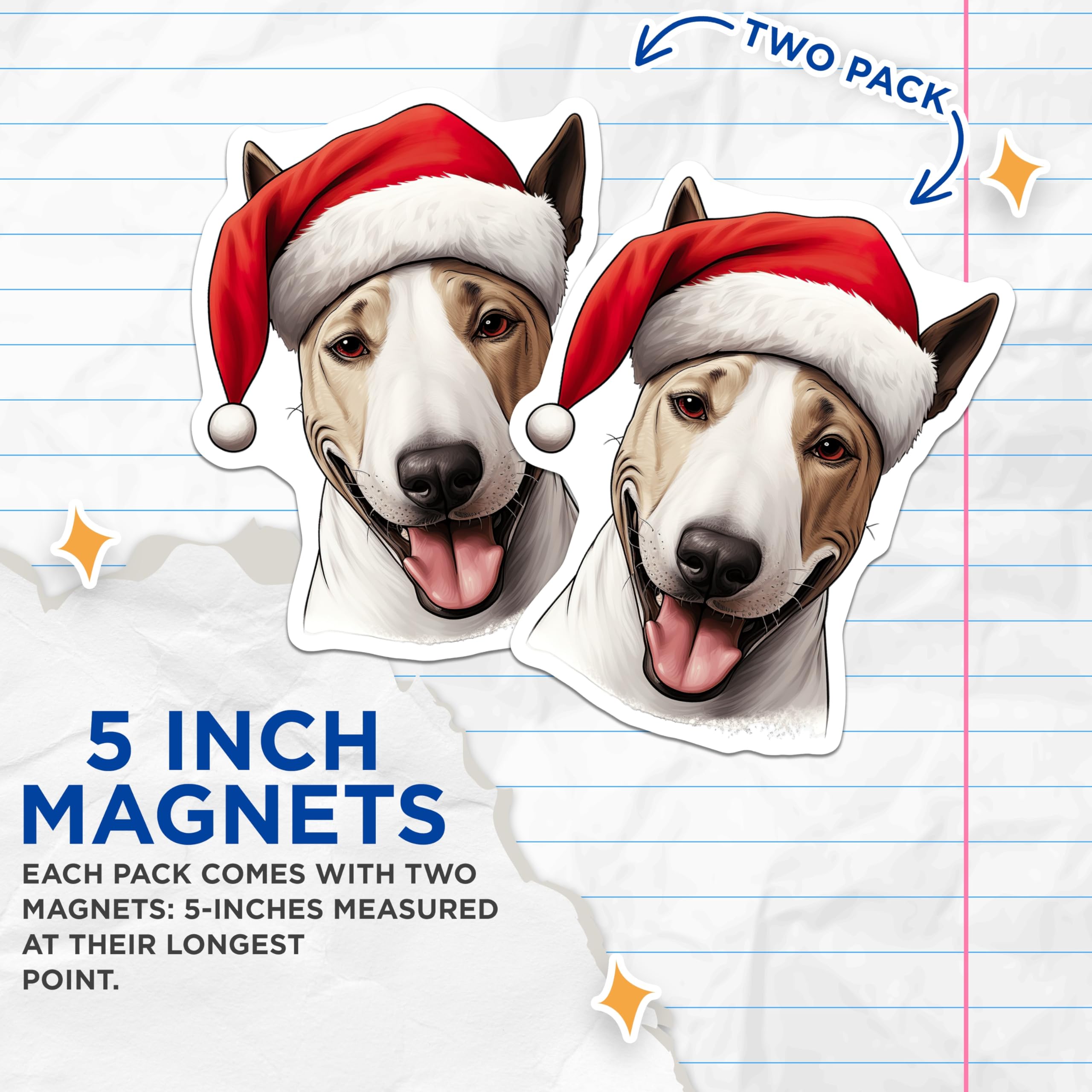 (2 Pack) Bull Terrier Christmas Magnets - Santa Hat Dog Art - Holiday Pet Decor - Funny Animal Fridge Magnet - 5 Inches On Longest Side - Thick Durable Magnet - Made in USA - MAG27424